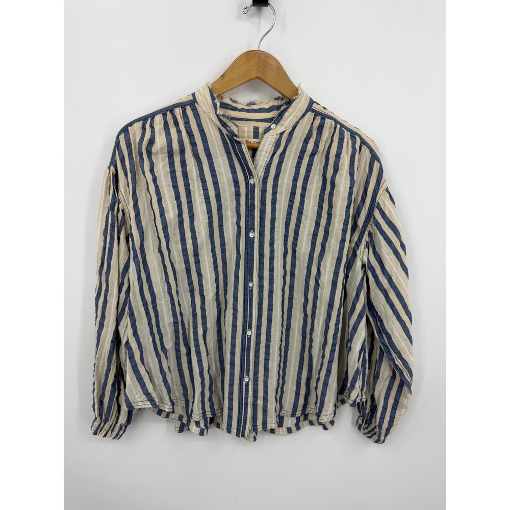 We The Free Free People set sail Striped Button Down Shirt XS Blue Cream Gauze